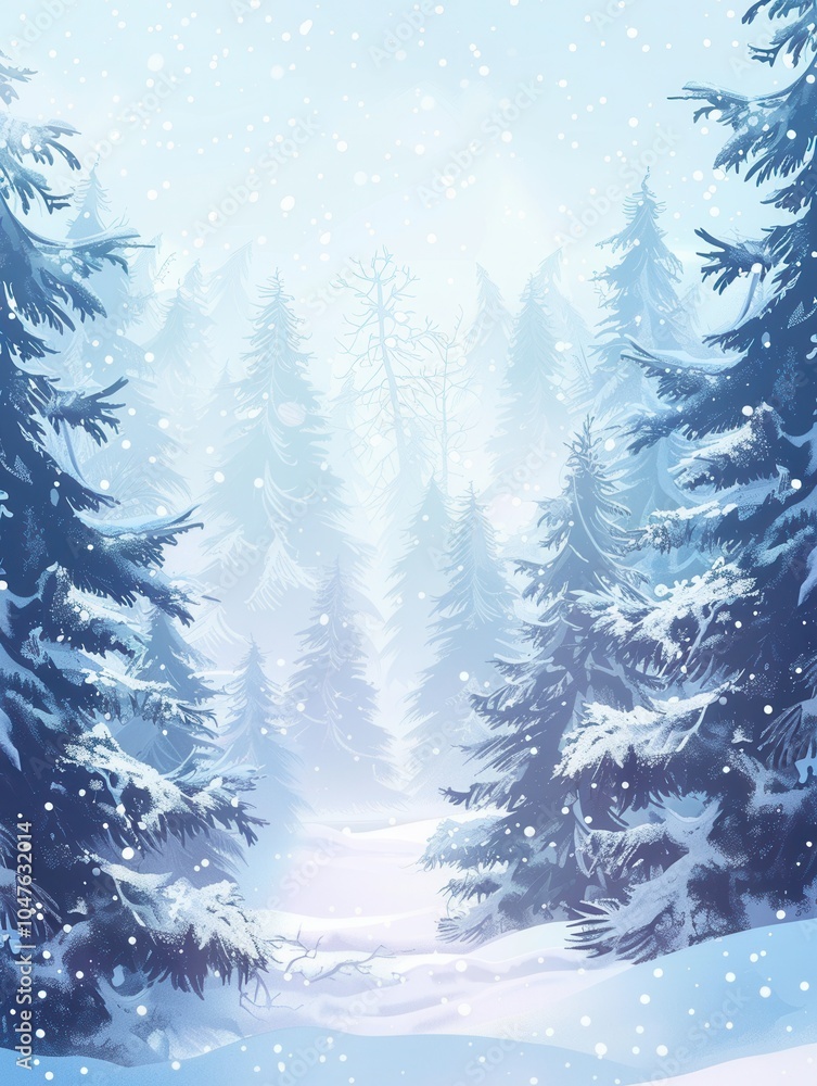 Aufkleber Tall pine trees blanket the forest floor in snow as soft flakes drift down, creating a peaceful winter wonderland. Generative AI