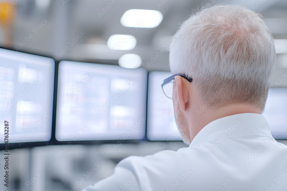 Poster professional viewing multiple screens in modern office. business analyst working with data visualiza