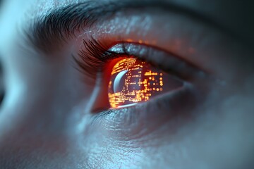 Close up of eye with orange digital circuit reflection. Cyberpunk style vision concept. Technology and artificial intelligence visualization. Modern tech background with copy space