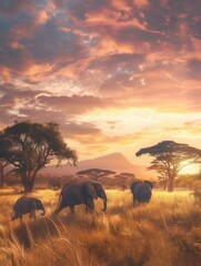 Elephants roam the golden savanna as the sun sets, casting a warm glow over the landscape and creating a serene atmosphere. Generative AI