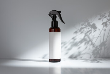 pray bottle on a light background with shadows of leaves