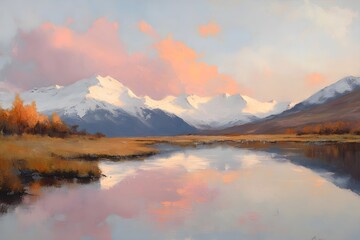 Fototapeta premium Snow capped mountains with autumn valley and lake reflection at sunset. Scenic landscape with pink clouds and orange trees. Nature art