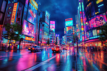 Fototapeta premium Colorful Neon-Lit Urban Scene at Night with Japanese Signage
