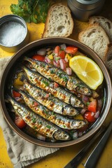 A bowl of fish with a lemon and tomatoes on top