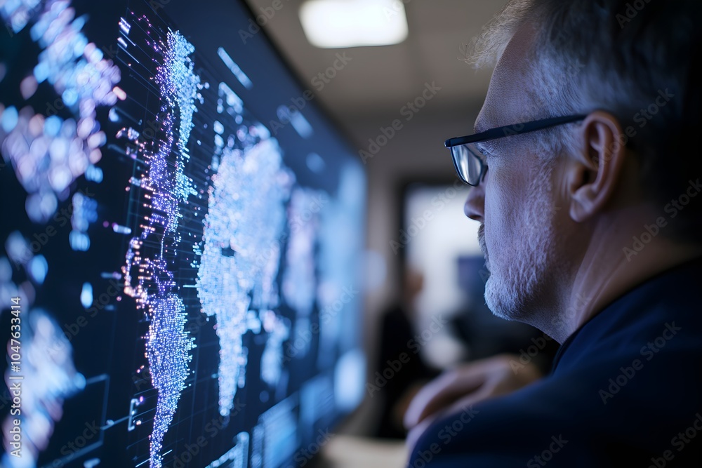 Aufkleber senior analyst examining digital data visualization with blue and pink lights. professional in glass