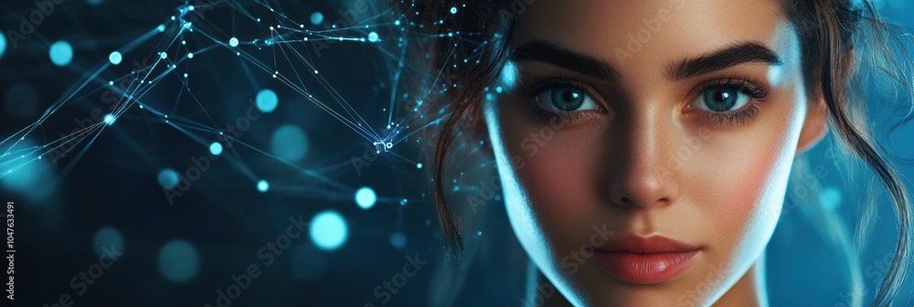 Aufkleber This captivating portrait features a young woman with blue eyes, set against a vibrant 3D network link and data flow backdrop. Generative AI