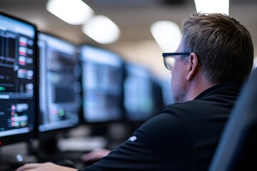 IT specialist monitoring data on multiple screens in dark office. Professional with glasses analyzing digital information. Technology and cybersecurity concept with copy space