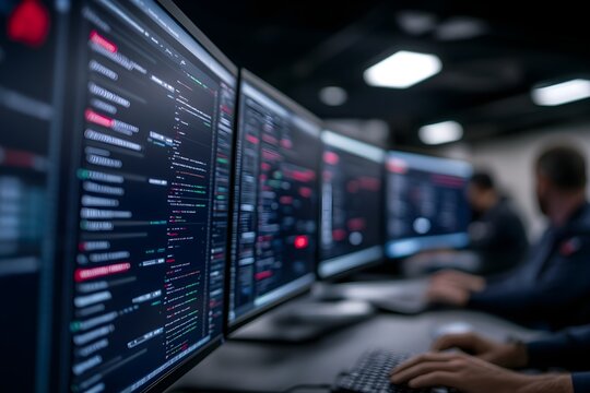 Multiple screens displaying programming code in dark office. Software development workplace with digital data. Modern technology and coding concept with copy space