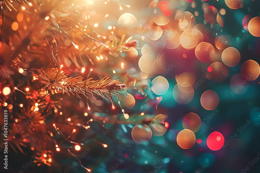 Aufkleber Tree with lights on it is the main focus of the image. The lights are colorful and are scattered throughout the tree, creating a festive and lively atmosphere. The background is blurry