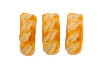 Three milk buns lie on a transparent background. The milk buns are golden brown and look freshly baked.