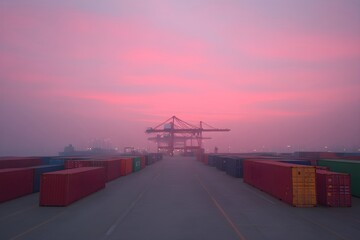 Obraz premium Container terminal with cargo cranes in foggy pink sunset. Maritime port with stacked shipping containers in misty weather. Industrial logistics photography