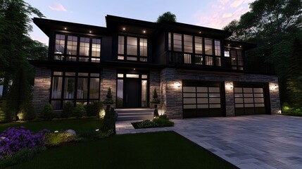 A stunning modern residence featuring stone details, a spacious garage, and manicured green grass, all illuminated in evening light