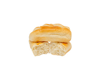 Milk buns are broken in half and lie on a transparent background. Milk buns are plain and unadorned.