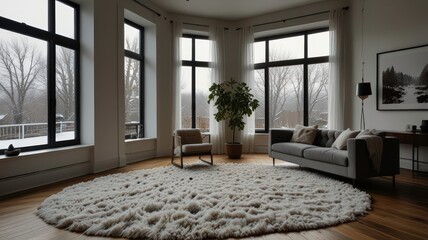 Elegant Living Room with Winter Wonderland View