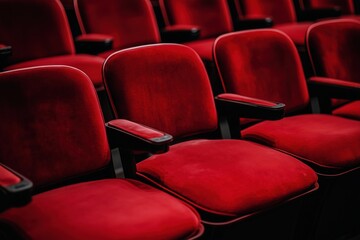 Obraz premium A row of red chairs are empty in a theater