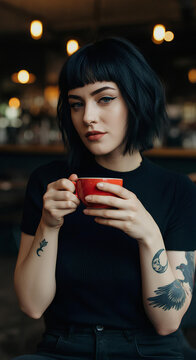 woman, short black hair, straight, bangs and striking, makeup, black eyeliner, she, goth girl, tattoo girl, modern girl, creative girl, coffee, coffee shop, drinking coffee, pretty girl, person, bever