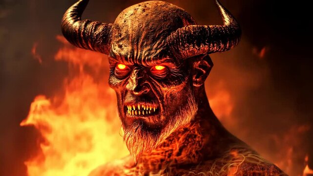A demonic figure with horns and glowing red eyes stands in a fiery inferno