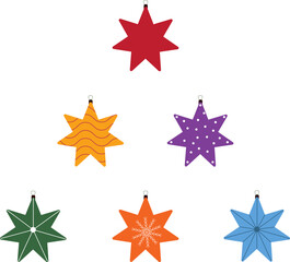 Obraz premium Bright and colorful Christmas stars decoration set. Multicolored ornaments, for holiday designs, New Year celebrations, greeting cards, and festive projects.
