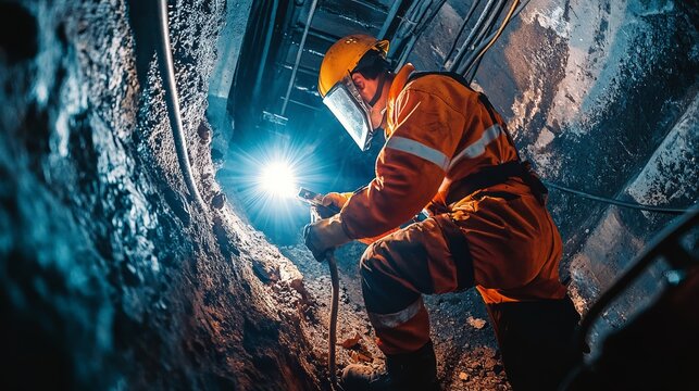 A male miner in orange safety gear using a light in a dark tunnel.