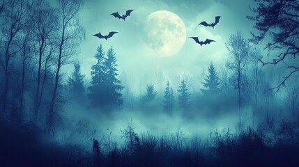 Nighttime forest with a full moon and bats, creating a haunting atmosphere, themes of eerie wilderness and nocturnal scene.