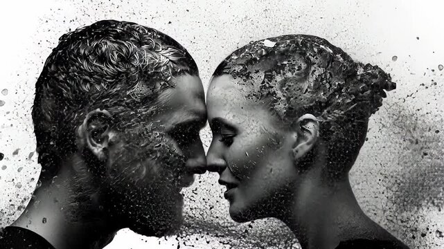 two individuals with textured skin, facing each other closely, symbolizing connection and intimacy.