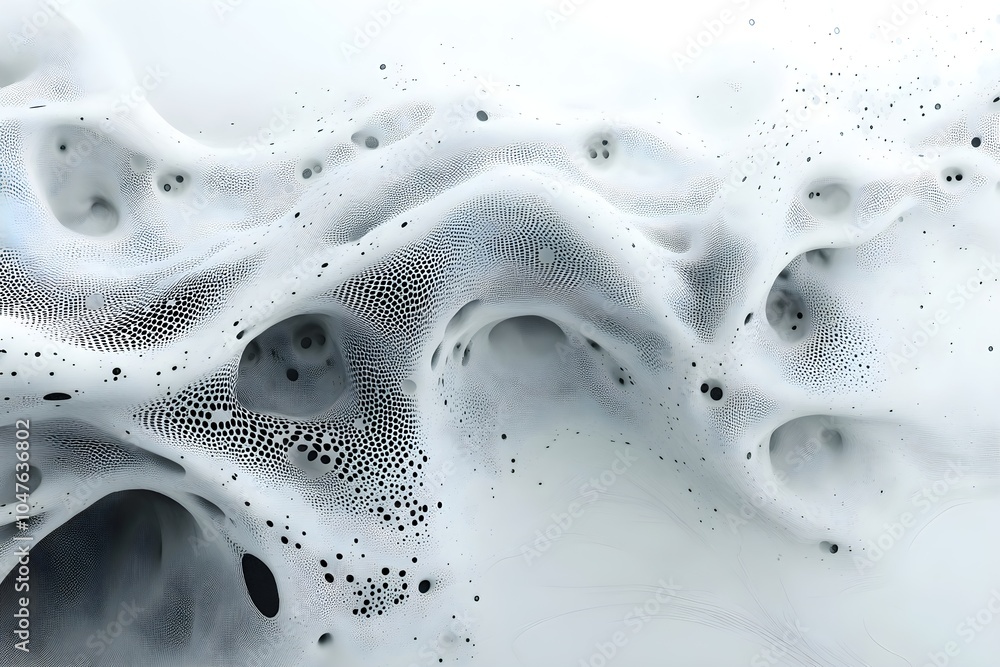Poster abstract organic shapes with dotted texture on white background. digital fluid art with black partic