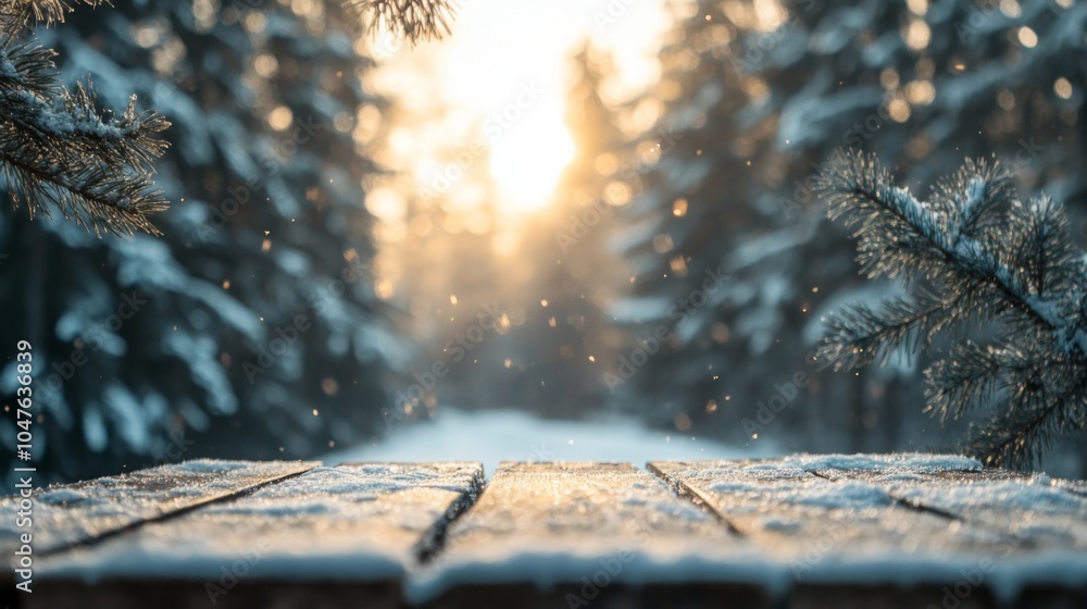 Aufkleber a wooden table blanketed in fresh snow captures the golden rays of a sunset, while pine trees frame 