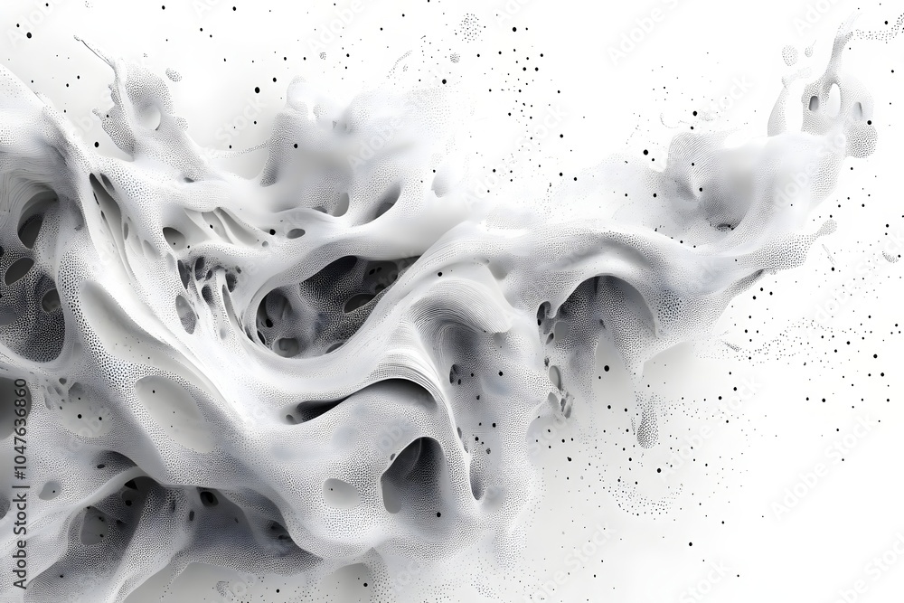 Poster abstract organic shapes with dotted texture on white background. digital fluid art with black partic