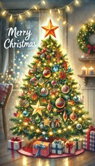 Christmas tree with decorations and gifts watercolor illustration