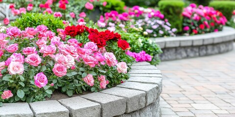 A garden of brightly colored roses in full bloom set against neat, stone-lined pathways and lush greenery.