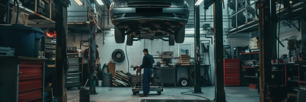 A mechanic is focused on repairing a vehicle elevated on a hoist, surrounded by tools and equipment in a busy workshop. Generative AI