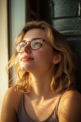 Naklejka premium A woman with glasses in soft sunlight, gazing thoughtfully.