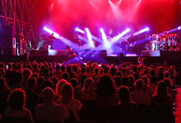 many spectators heads during a live concert with stage lights shining during the artists performance