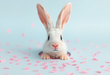 Obraz premium Bunny peeking out of a hole in blue wall, fluffy eared bunny easter bunny banner, rabbit jump out torn hole, Generative AI