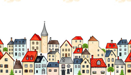 Watercolor seamless pattern with houses. Hand drawn illustration.  Vintage background. Perfect for fabric, textile, wallpaper, kindergarten. Old city isolated with white highlights, png
