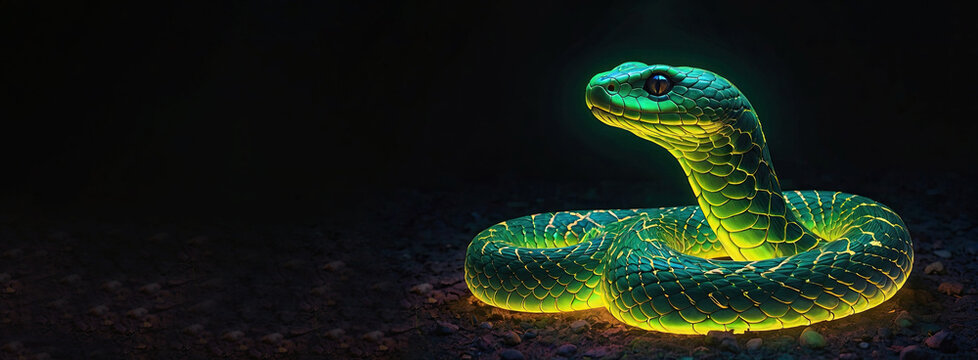 A green snake with a neon yellow outline on a dark background, a symbol of the year