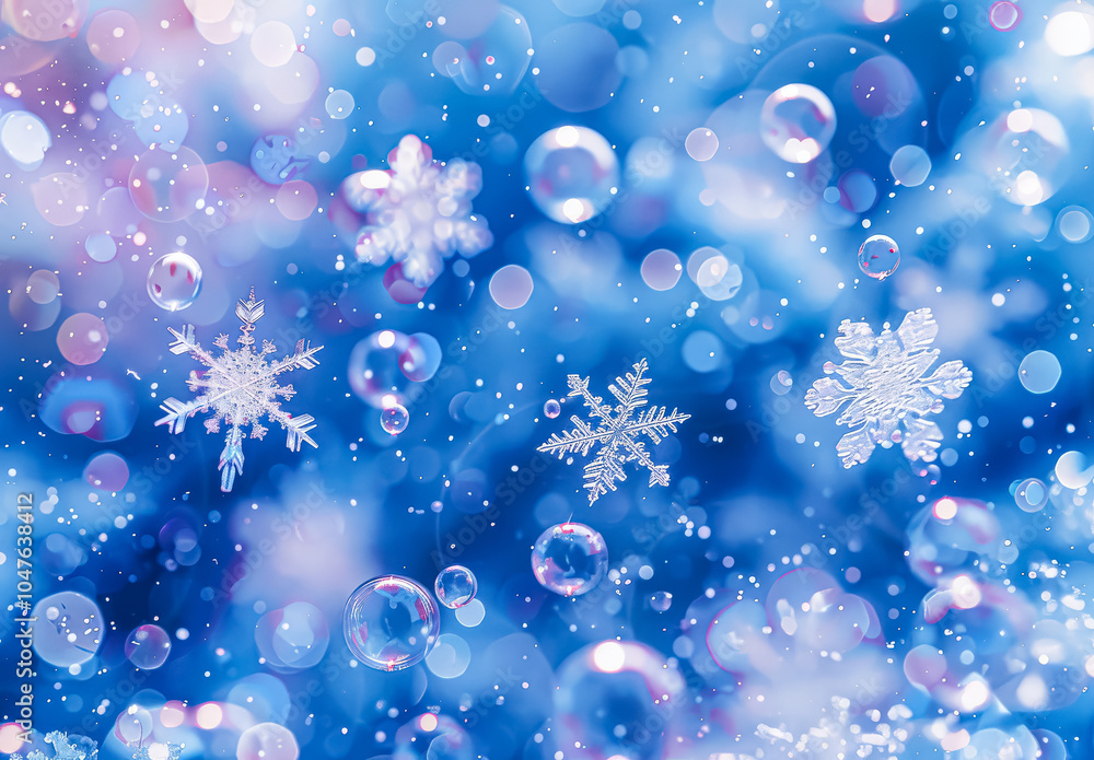 Poster blue background with snowflakes and bubbles. the snowflakes are scattered throughout the image, with