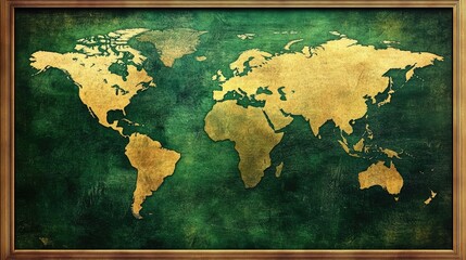 A world map printed on a canvas, elegantly framed and displayed on a wall.
