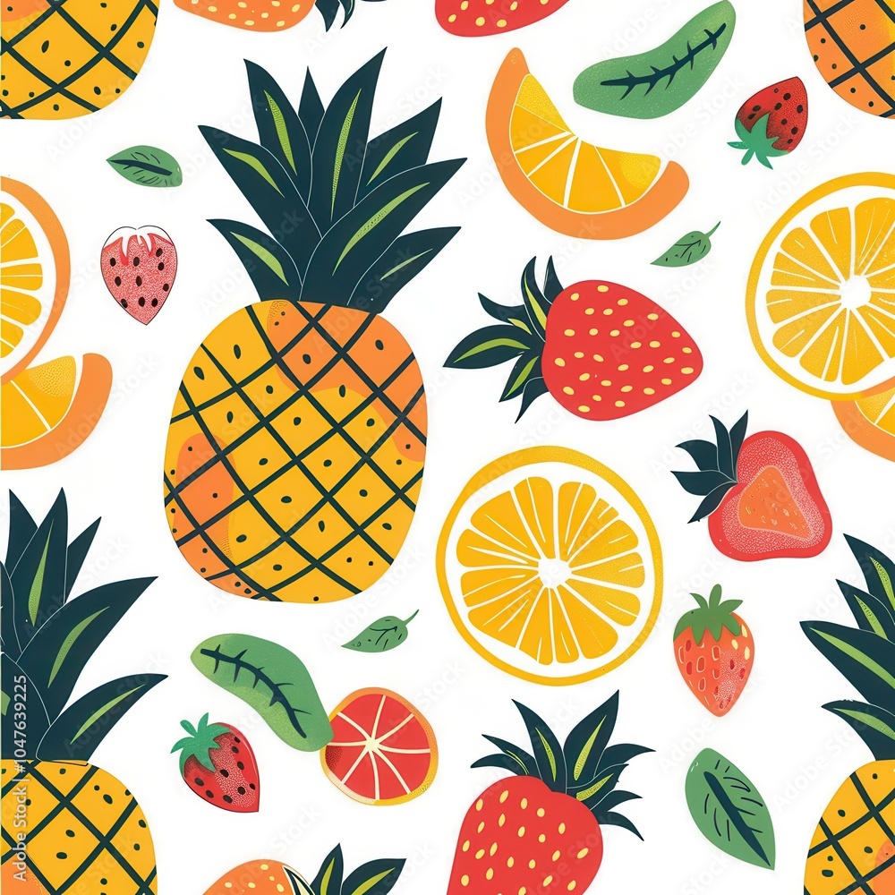 Aufkleber A vibrant pattern showcases an array of colorful fruits including pineapples, strawberries, and oranges against a white backdrop. Generative AI