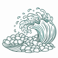 Fototapeta premium Dynamic ocean wave crashing over pebbles with foamy splash, AI Generation