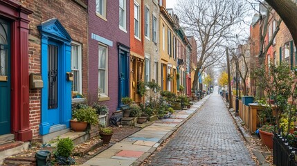 A narrow cobblestone street lined with colorful row houses in a city neighborhood.