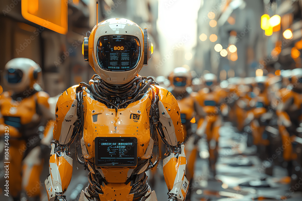 Poster a factory using ai-driven robots for manufacturing, emphasizing labor displacement and worker rights