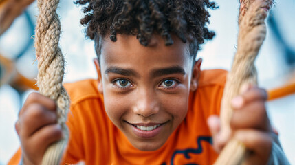 Smiling Afro-American Boy with Curly Hair Overcoming Obstacle Course