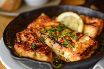 A plate of saganaki, fried cheese served with a squeeze of lemon, sizzling in a small cast-iron skillet
