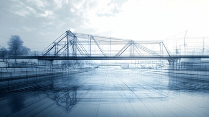 Obraz premium Civil Engineering Blueprint: A detailed civil engineering blueprint of a modern bridge over water, showcasing architectural design. -