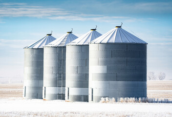 Grain silos covered in snow standing in a row during winter in Rocky View County Alberta Canada.