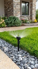 A water sprinkler nourishes the vibrant grass while an old house stands blurred in the background, creating a serene outdoor atmosphere