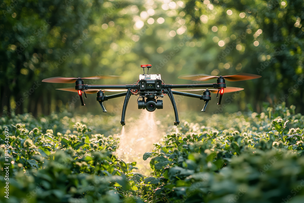 Poster a drone applying fertilizers in a targeted manner, illustrating the resource efficiency of drones in