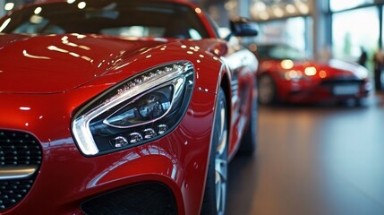 A red sports car with a black headlight and a white stripe