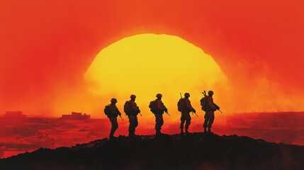Fototapeta premium Silhouetted soldiers against a fiery sunset, evoking bravery and sacrifice.